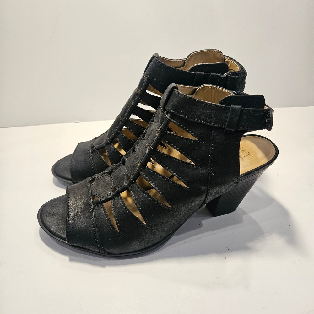 Naturalizer Talan Black Caged Sandals Block Heel Gladiator‎ Open Toe Womens 7M